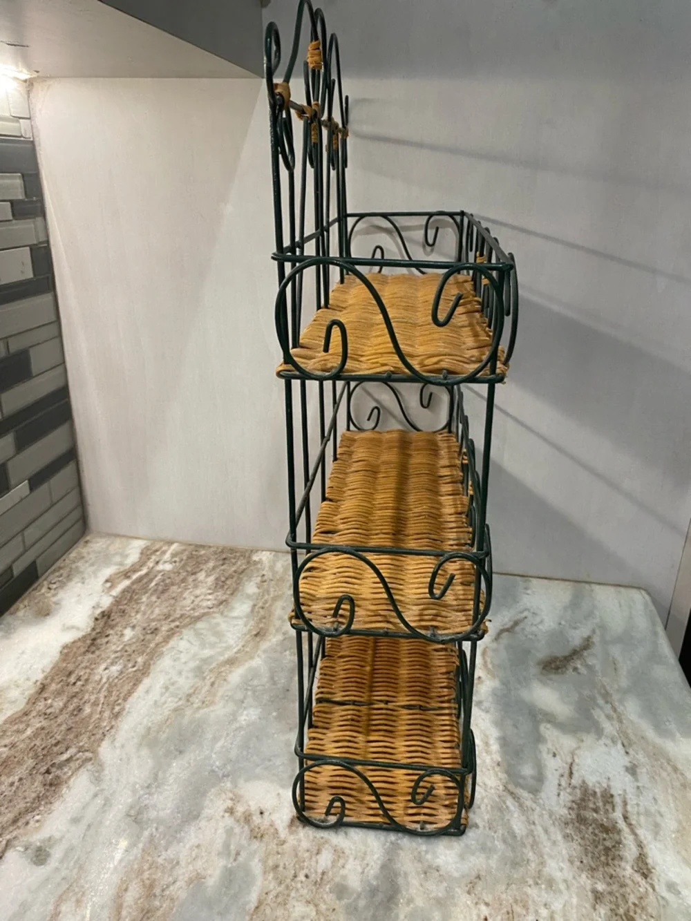 Vtg 3-Tier Metal Wicker Wall Shelf Boho Spice Rack